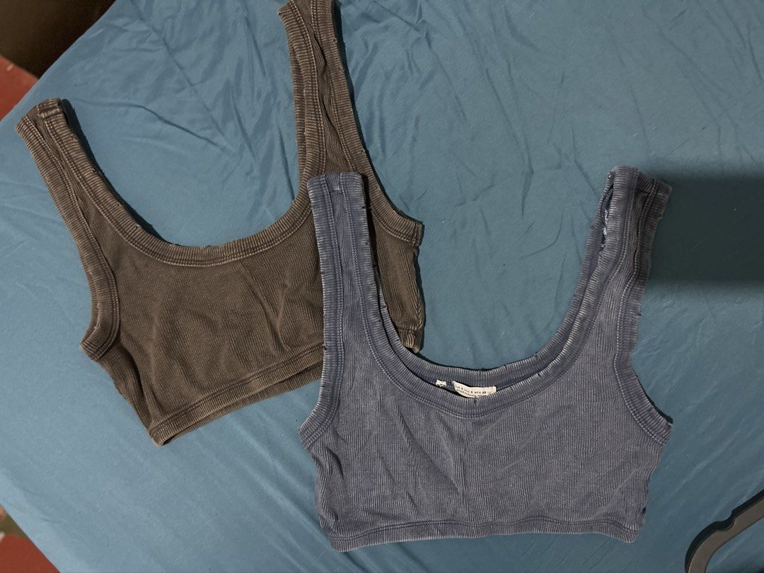 Zara Bundle Bralette (Category: Others Tops) located in Pasig City. Submitted by kfinds_13 (Listing ID 1458966648, Image 1). Description: two ribbed, acid-washed cropped tank tops in dark brown and faded blue.