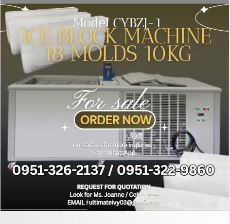 18 Mould Ice Block Maker Machine Model CYBZJ-1 (Category: Home Improvement Tools & Accessories) located in Caloocan City. Submitted by jynneyu68319 (Listing ID 1460778521, Image 1). Description: • Model CYBZJ-1 • Capacity (PER DAY) 1000KG • Voltage - 220V 50HZ • Power - 6KW • Compressor - 松下 6HP • Refrigerant - R22/R410 • Mold size and weight - 262*77*620MM / 10KG • Mold Qty 18 pcs • Freezing Time 4 hours per batch • Net weight - 386KG • Machine 