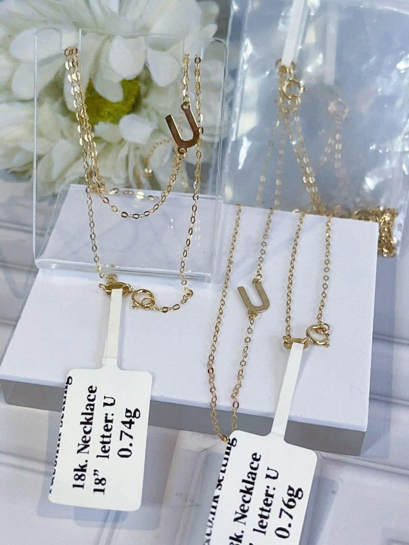 18k HongKong setting gold initial necklaces (Category: Necklaces) located in Manila. Submitted by bhelgoldseller2ndaccount (Listing ID 1460834653, Image 2). Description: New!!✨New!!✨New!! 18k HongKong setting Gold 8500/g 💯pawnable/naisasanla 💯with high appraisal rate 💯good investment 💯Direct supplier price 👉OPEN for resellers 🌺please take time to evaluate their actual sizes and grams 👉Best panggift for all occasions ✅ Sold per grams not pe