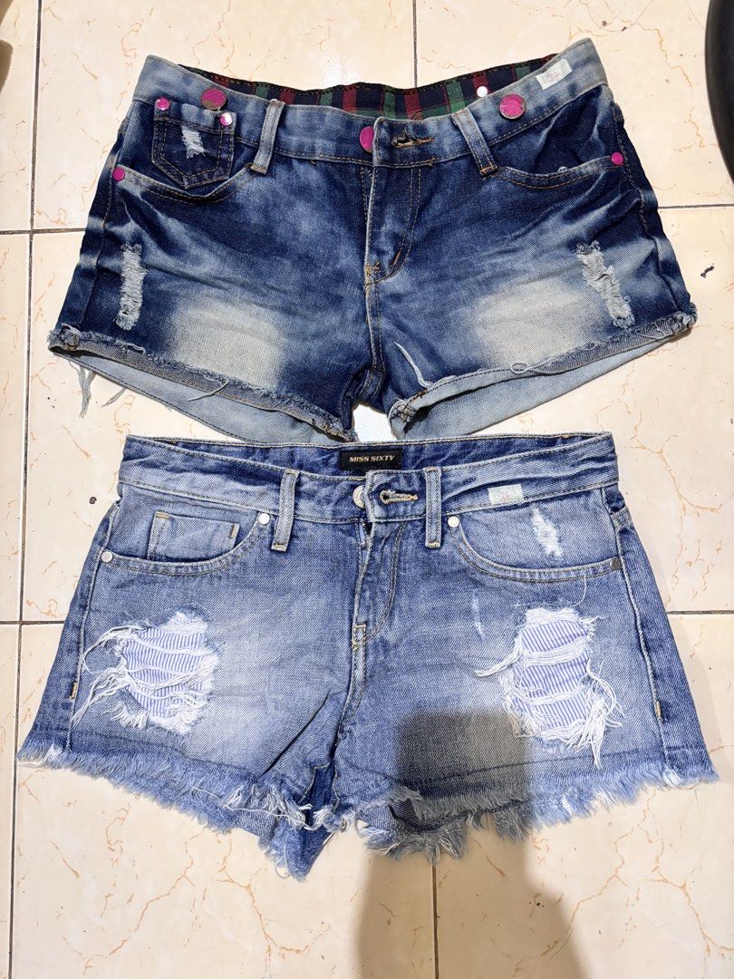 2pcs bundle low waist denim shorts (Category: Shorts) located in Makati City. Submitted by passinggems (Listing ID 1460817870, Image 2). Description: Waistband: 27 inches Low waist MOP: Gcash, BDO MOD: LBC or same-day delivery. Buyer shoulders shipping fee.