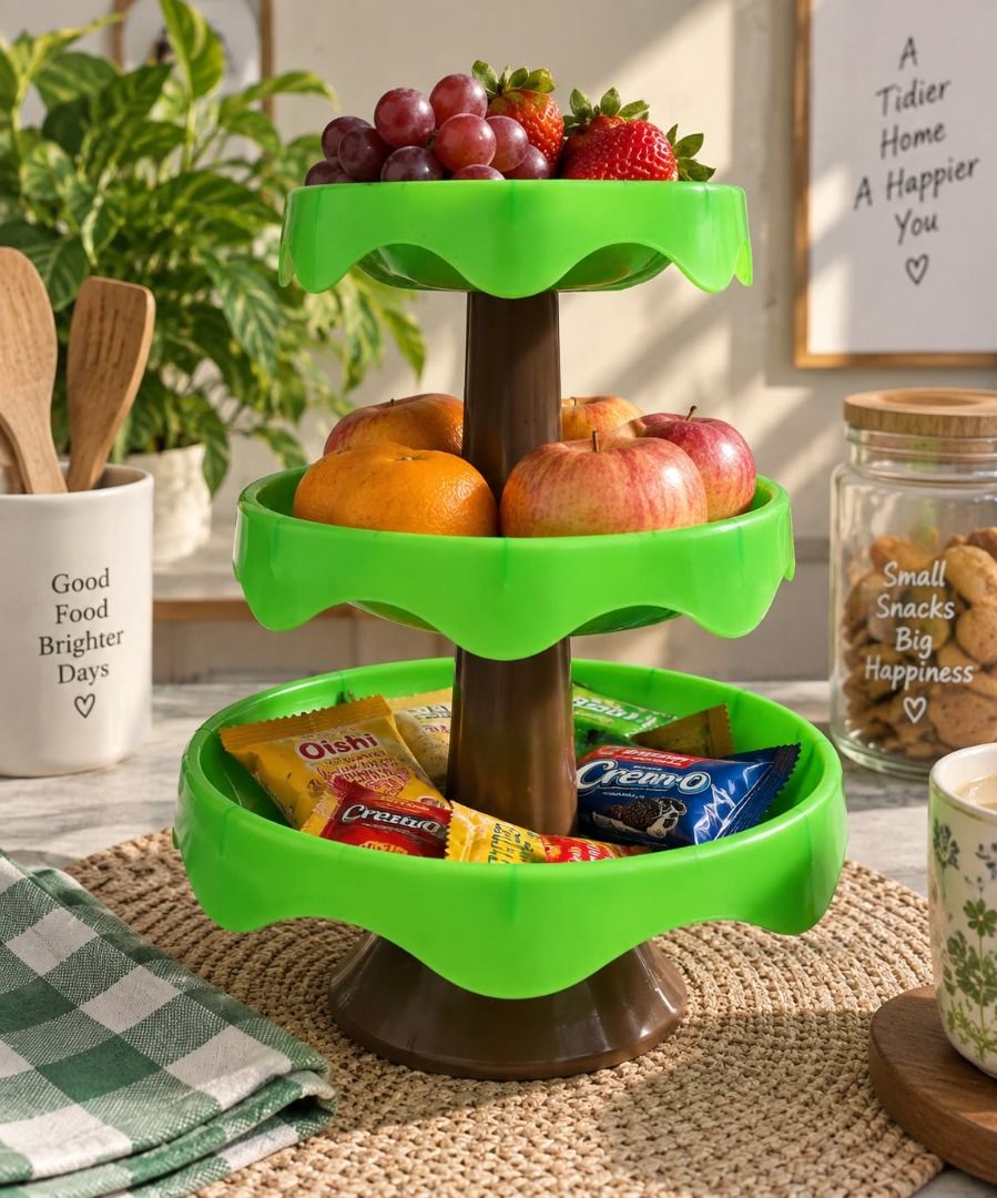 3-Tier Green Fruit & Snack Stand / Rotating Organizer (Category: Food Organization & Storage) located in Taguig. Submitted by rosesofpositivity123 (Listing ID 1460868048, Image 2). Description: A practical 3-tier stand that's great for organizing and displaying fruits, snacks, sweets, condiments, or other small items. ✨ 3 spacious tiers ✨ Bright green color ✨ Stable brown base ✨ Great for kitchen, dining area, pantry, or countertop.
