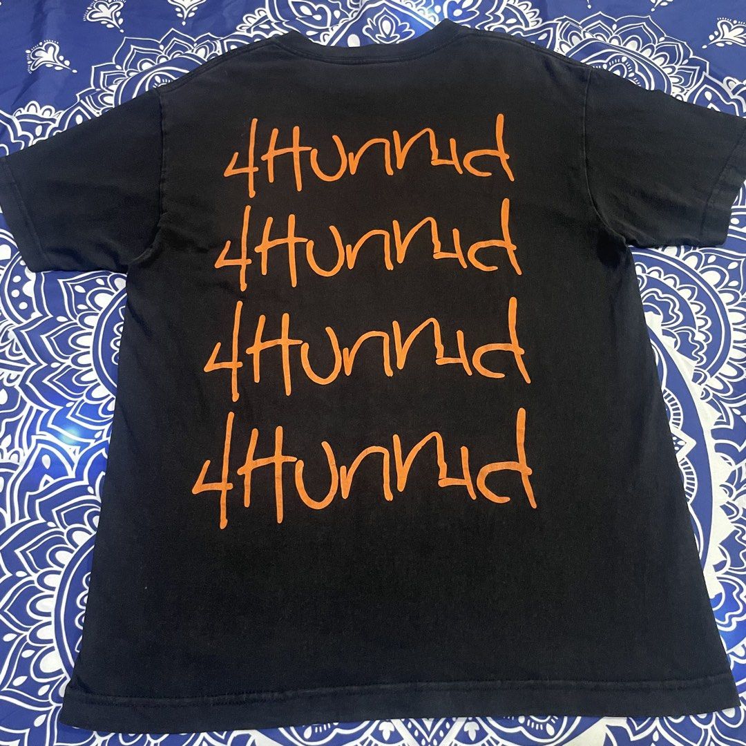 4HUNNID Black T-Shirt Medium (Category: Tshirts & Polo Shirts ) located in Quezon City. Submitted by vs.thrift444 (Listing ID 1460779069, Image 2). Description: - Black 4HUNNID T-shirt - Size: Medium - Material: 100% Cotton - Design: 4HUNNID logo on front and repeated on back - Ideal for: Casual wear 9/10 color rate 20x28.