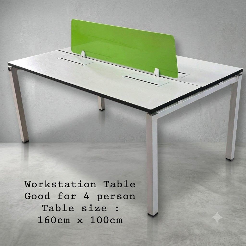4-Person Workstation Table with Dividers and Cable Tray (Category: Tables & Sets) located in Manila. Submitted by Persephone13 (Listing ID 1460763503, Image 1). Description: - Workstation table designed for 4 persons - Generous table size: 160cm x 100cm - Includes green dividers for enhanced privacy - Equipped with cable tray outlets for organized wire management - Ideal for both office and home environments - Ready for immediate setup 4 - seater