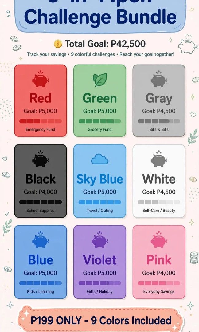 9-in-1 Ipon Challenge EDITABLE + PDF - With Canva Template Link (Category: Other Stationery & Craft) located in Manila. Submitted by emmarose31 (Listing ID 1460888737, Image 1). Description: 💙 EDITABLE VERSION - P299 LAHAT NA! ✅ KASAMA: - 9 PDF Files (lahat ng kulay) - 1 CANVA TEMPLATE LINK - pwede mo i-edit name, amount, kulay! - Pwede mo ibenta ulit - resell rights! - Ready to print A4 ✅ PARA SA MGA GUSTO MAG RESELL! PAANO: 1. Bayad GCash 2. S