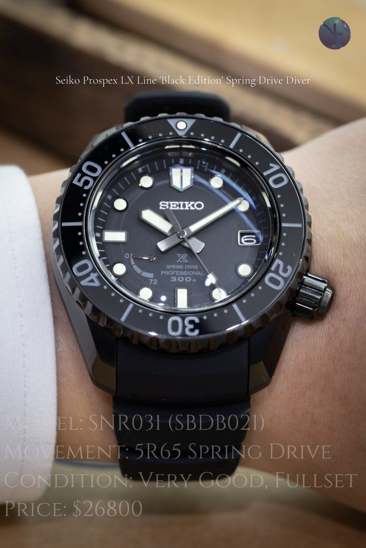 ⚫️ SEIKO 頂級LX系列/ 型格全黑鈦金屬Spring Drive潛水錶✅- SNR031🔥 二手中古 SEIKO 精工 Prospex LX Line ‘Black Edition’ Spring Drive Diver SNR031 (SBDB021) -全黑DLC鈦金屬錶殼 -啞黑色錶面 -5R65 Spring Drive自動機芯 -72小時動力儲存(3日鏈) -動力儲存顯示 -日期顯示 -44.8mm/ 膠帶 狀態: 非常好, Fullset, 不合完美主義者 價錢: $26800 （分類：手錶）位於 Hong Kong。 由 klwatch1997 提交（商品編號 1460754501，圖片 1）。簡介： ⚫️ SEIKO 頂級LX系列/ 型格全黑鈦金屬Spring Drive潛水錶✅- SNR031🔥 二手中古 SEIKO 精工 Prospex LX Line ‘Black Edition’ Spring Drive Diver SNR031 (SBDB021) 