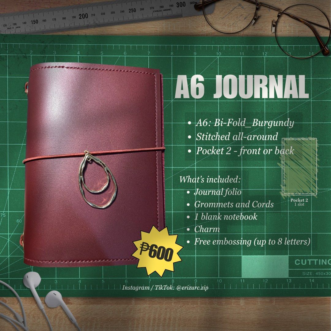 A6 Journal - Burgundy (3) (Category: Handmade Craft) located in Marikina City. Submitted by unknownus.eri (Listing ID 1460816224, Image 1). Description: 📖 Handmade Journal | Marikina Each journal is handmade in Marikina, with careful attention given to every detail. The cover is made with vegan leather, a synthetic leather material that is durable and can last a long time with proper care. The journal is also hand-stitched, making the binding st
