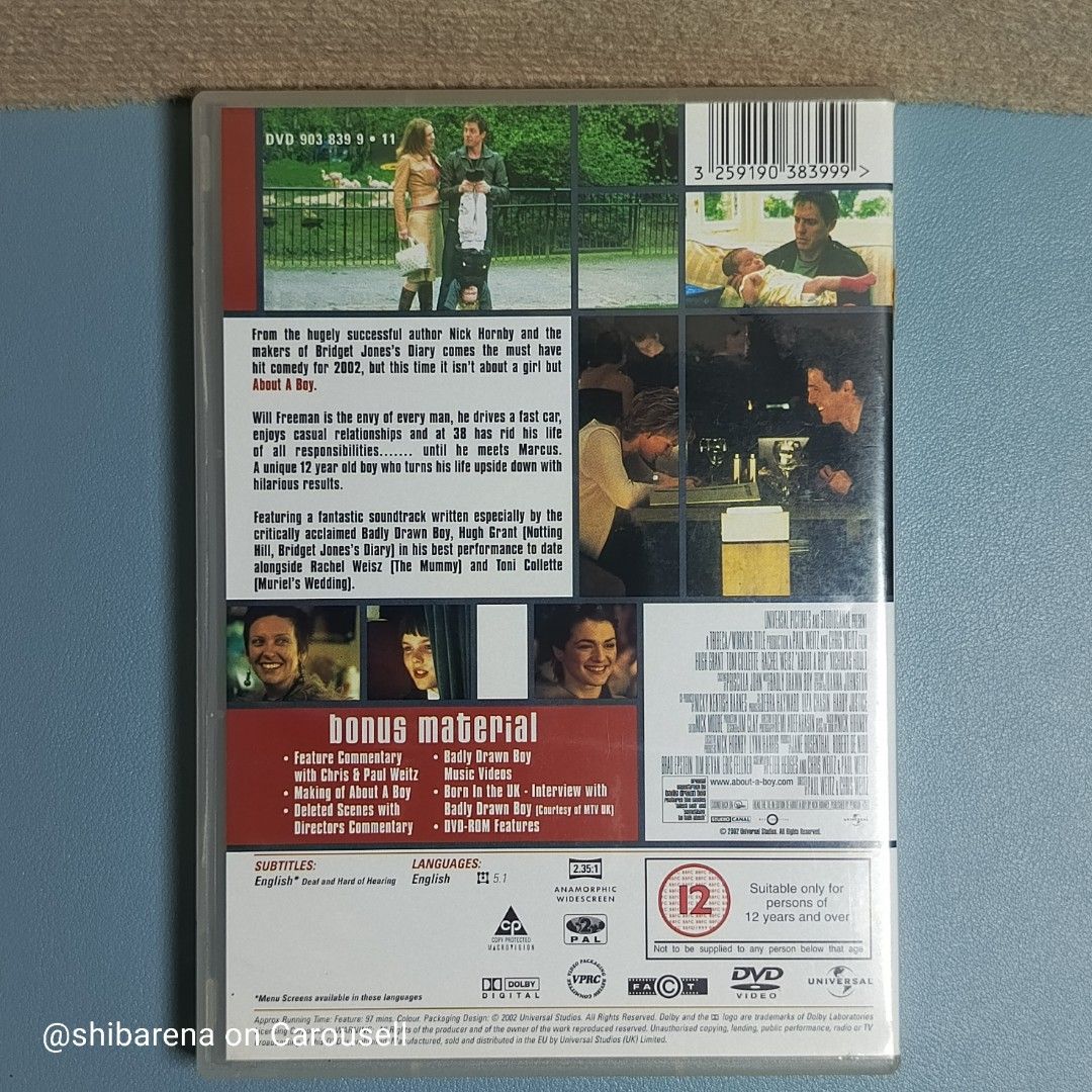 About a Boy DVD - Region 2 PAL (Category: CDs & DVDs) located in Cebu City. Submitted by shibarena (Listing ID 1460535563, Image 2). Description: - About a Boy DVD - Region 2 PAL (Pre-owned) - Starring Hugh Grant - Based on the book by Nick Hornby ⚠️ Please ensure your DVD player supports Region 2 (PAL) before purchase..