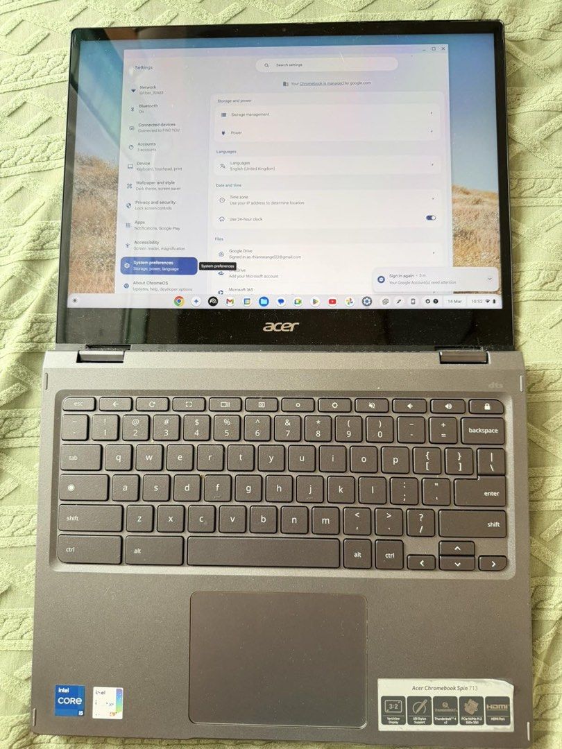 Acer Chromebook Spin 713 (Category: Laptops & Notebooks) located in Pasig City. Submitted by babyupot20 (Listing ID 1460898471, Image 1). Description: - Acer Chromebook Spin 713: Your all-around productivity partner. - VertiView Display: Enjoy a taller screen for more content. - USI Stylus Support: Take notes and draw with precision. - Thunderbolt 4 (x2): Experience lightning-fast connectivity. - PCIe NVMe M.2 SSD: Get quick boot times and app lo