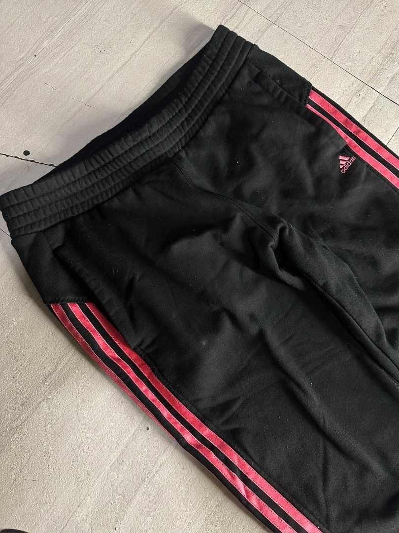 Adidas Black Track Pants with Pink Stripes (Category: Other Bottoms) located in Manila. Submitted by nb_thriftshop (Listing ID 1460890852, Image 3). Description: adi sweat pants waist 26 to 34 has lace and garter length 38 leg hole 7.5 has lints need wash.