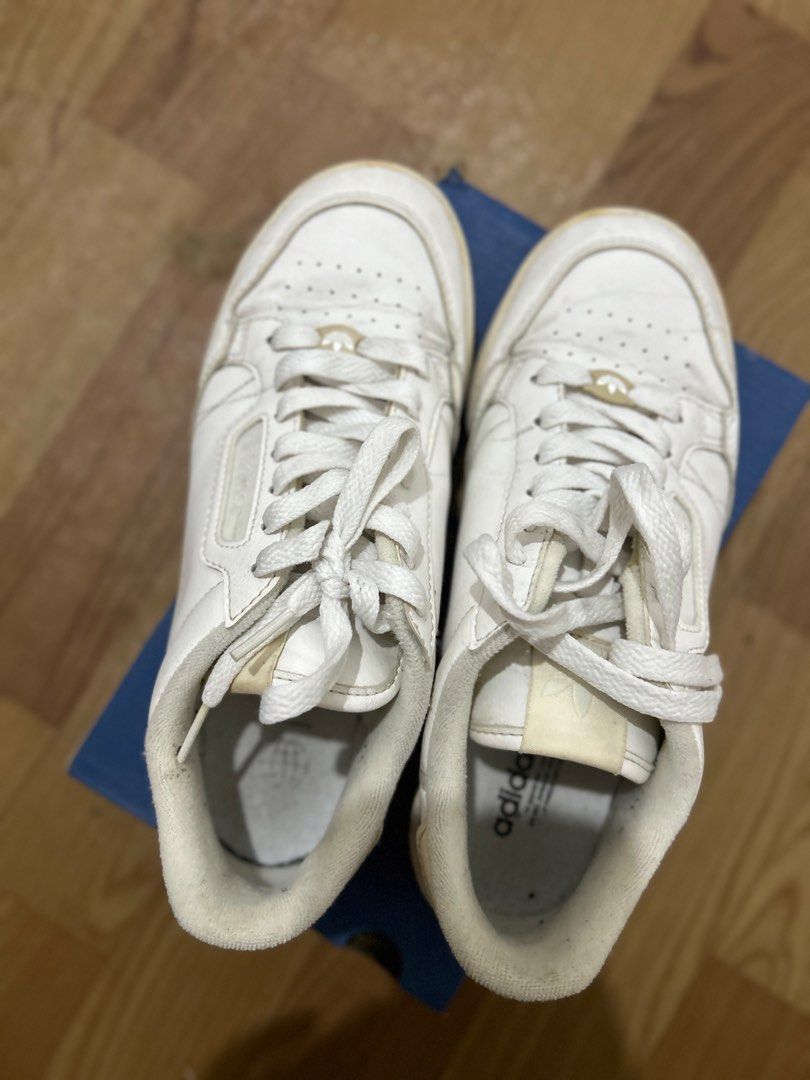 Adidas Continental 80 White Sneakers (Category: Sneakers) located in Subic. Submitted by madame_donut (Listing ID 1460850447, Image 1). Description: - White Adidas Continental 80 sneakers - Classic, everyday style - UK Size 7 - Shows some signs of wear on soles and uppers - Selling as is.