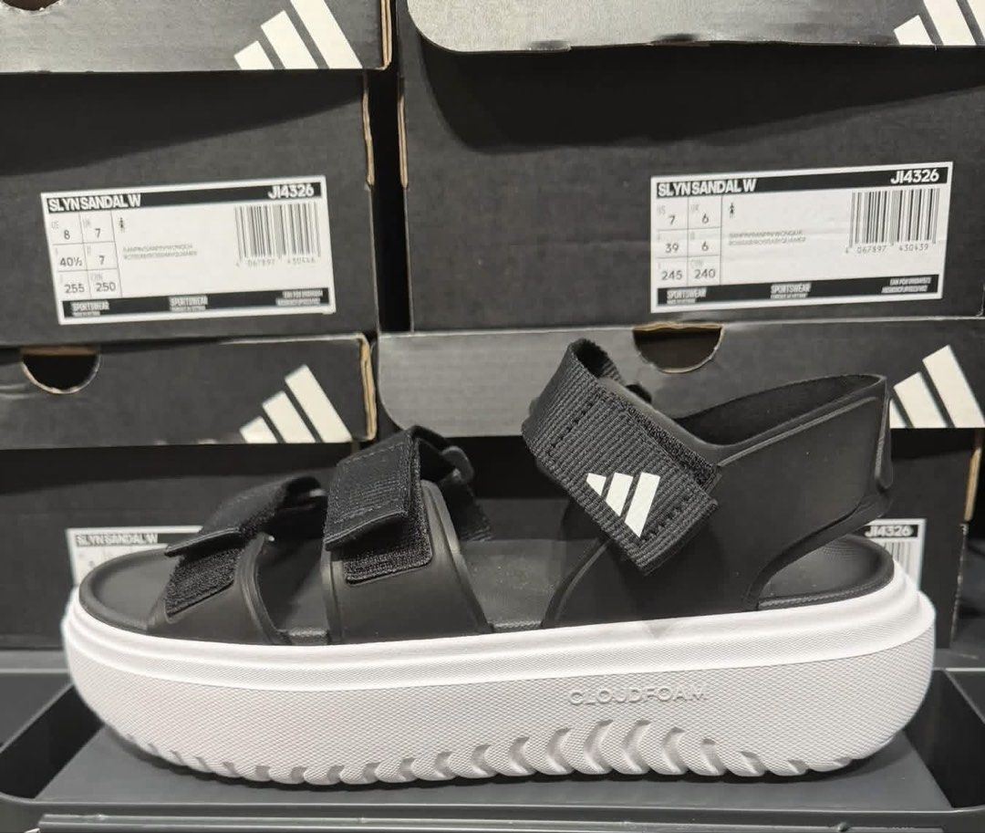 Adidas SLYN Sandals (Category: Sandals) located in Cavite. Submitted by yhannashoppe_08 (Listing ID 1460815724, Image 1). Description: Preorder Adidas SLYN women's platform sandals adjustable straps and a thick white Cloudfoam sole Size: 23.5cm (6.5) 24.5cm (7.5) from japan Guaranteed 💯 no box Plus shipping fee.