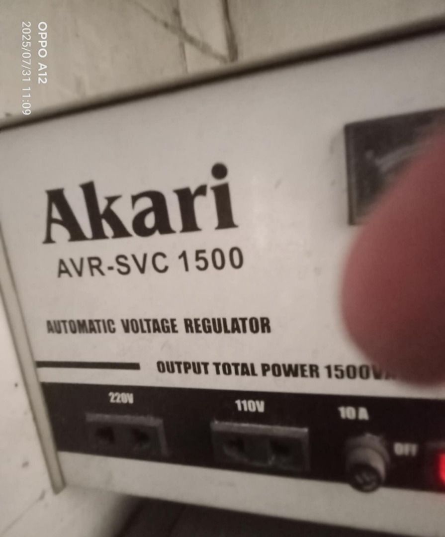 Akari AVR-SVC 1500 Automatic Voltage Regulator 1500VA (Category: Electrical, Adaptors & Sockets) located in Manila. Submitted by ellie.ellie1 (Listing ID 1460798321, Image 2). Description: - Akari Automatic Voltage Regulator (AVR-SVC 1500) - 1500VA Total Output Power - Dual Voltage Outlets: 220V and 110V - Built-in Voltage Meter for real-time readings - Features a 10A Switch and Power On/Off Button - Ideal for stabilizing and protecting your appl
