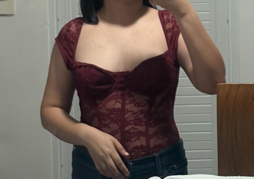 Aloruh Lace Corset Bodysuit (Category: Others Tops) located in Pateros City. Submitted by za_thriftshop (Listing ID 1460758390, Image 2). Description: Bought for 400 orig price RFS: used once only for photoshoot - Burgundy lace corset bodysuit - Sweetheart neckline - Cap sleeves - Structured bust - Very flattering fit - Perfect for a night out or concert - Looks great with high-waisted jeans.
