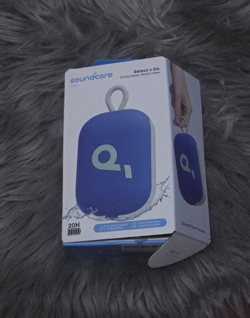 Anker SoundCore Select 4 Go Portable Bluetooth Speaker (Category: Soundbars, Speakers & Amplifiers) located in Marikina City. Submitted by wigglywiggy (Listing ID 1460817105, Image 1). Description: - Soundcore Select 4 Go Speaker - Color: Blue with light green logo - Extended Playtime: Up to 20 hours - Durability: IPX7 Waterproof rating - Features: Built-in EQ - Ideal for: Travel and everyday use - Condition: Comes in original packaging.
