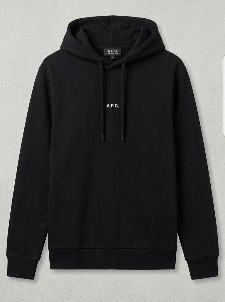 A.P.C. Hoodie (Category: Luxury Apparel) located in Manila. Submitted by swiftocean_2688ba (Listing ID 1460905509, Image 2). Description: A.P.C. Larry Hoodie - Premium heavyweight cotton jersey blend (typically 99% cotton, 1% elastane or 100% cotton) for a structured silhouette and comfortable stretch. -Small, clean A.P.C. serif logo centered right below the collar line. Standard straight cut with dropped shoulders for a modern, relaxed aesthetic