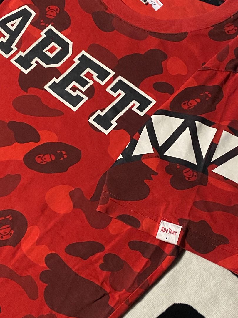 ApeTees red camo | shirt (Category: Tshirts & Polo Shirts ) located in Las Pinas. Submitted by all_details_posted (Listing ID 1460850193, Image 3). Description: rubberized print bakbak ibang print sa sleeves, cracked print, cr 8/10.