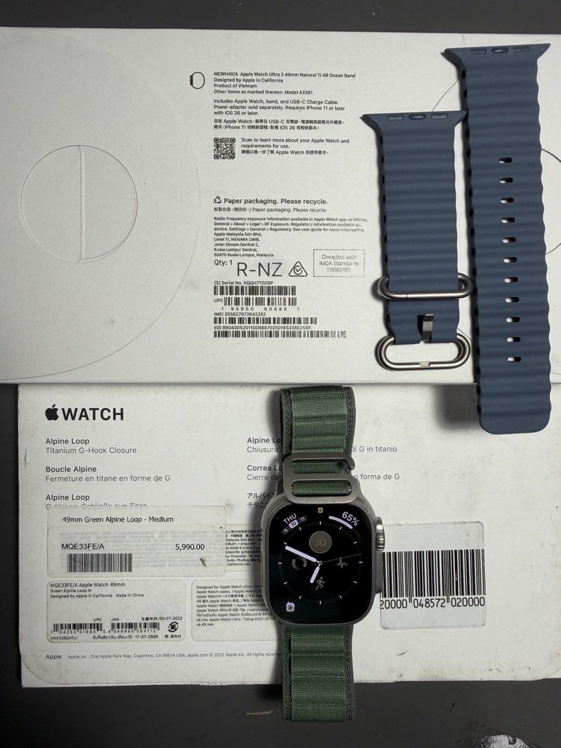 Apple Watch Ultra 3 (Category: Wearables & Smart Watches) located in Quezon City. Submitted by --ro-- (Listing ID 1460828216, Image 3). Description: Apple Watch Ultra 3 Natural Titanium Ocean Band Complete with unused charger With free original Green Alpine Loop worth 5,990 Super slightly used, batt health @ 100% Pickup @ New Manila, QC.