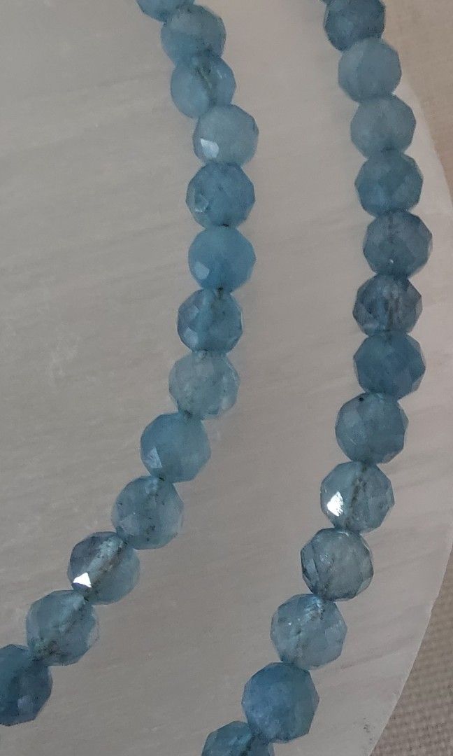 Aquamarine Necklace (Category: Necklaces) located in Gapan. Submitted by purseofjune (Listing ID 1460722245, Image 3). Description: 3mm faceted beads standard size 16"+2" extension chain ✅️accepts customization devil aquamarine stones- with black tourmaline inclusions Benefits Improved communication✨️Emotional calm✨️Energetic protection✨️ Courage & confidence✨️.