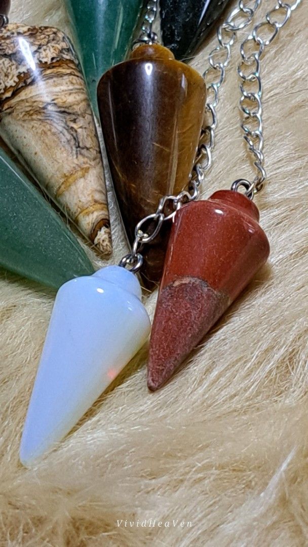 Assorted Crystal Pendulums Gemstones with Silver Chains (Category: Everything Else Others) located in Quezon City. Submitted by crystallinehaven (Listing ID 1460765691, Image 2). Description: Assorted Crystal Pendulums Available ♦️p480 each ♦️ask for individual pricing and availability - Stones include: Rose Quartz, Amethyst, Tiger's Eye, Jasper, Aventurine, Obsidian, and more! - Each pendulum comes with a silver-tone n̈ - Ideal for divination, e