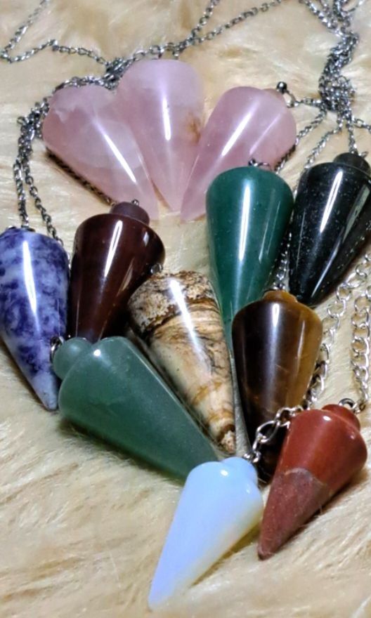 Assorted Crystal Pendulums Gemstones with Silver Chains (Category: Everything Else Others) located in Quezon City. Submitted by crystallinehaven (Listing ID 1460765691, Image 1). Description: Assorted Crystal Pendulums Available ♦️p480 each ♦️ask for individual pricing and availability - Stones include: Rose Quartz, Amethyst, Tiger's Eye, Jasper, Aventurine, Obsidian, and more! - Each pendulum comes with a silver-tone n̈ - Ideal for divination, e