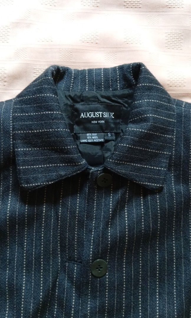 August Silk Black Pin Striped Blazer (Category: Coats, Jackets and Outerwear) located in Quezon City. Submitted by jojoleen28 (Listing ID 1460757819, Image 2). Description: Measurements: Chest when buttoned 34" Waist when buttoned up to 30" Length 28" Sleeves length 21".