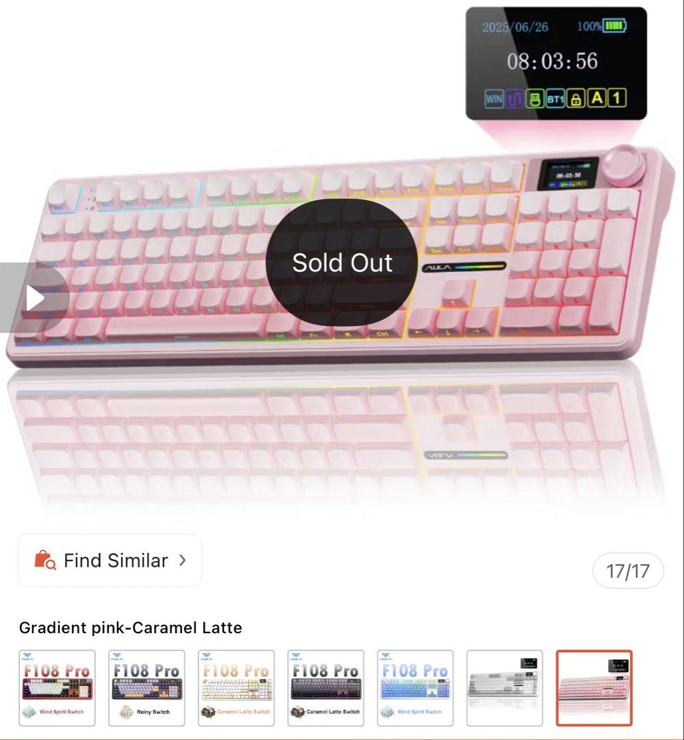 AULA F108 PRO Customized Mechanical Keyboard Pink (Category: Computer Keyboard) located in Manila. Submitted by slma_ (Listing ID 1460875092, Image 2). Description: Bought it last Aug for ₱3,526. Selling it for ₱3,000 (last price already po) Like new, LED screen display still has cover. With box. Message me for more pics.