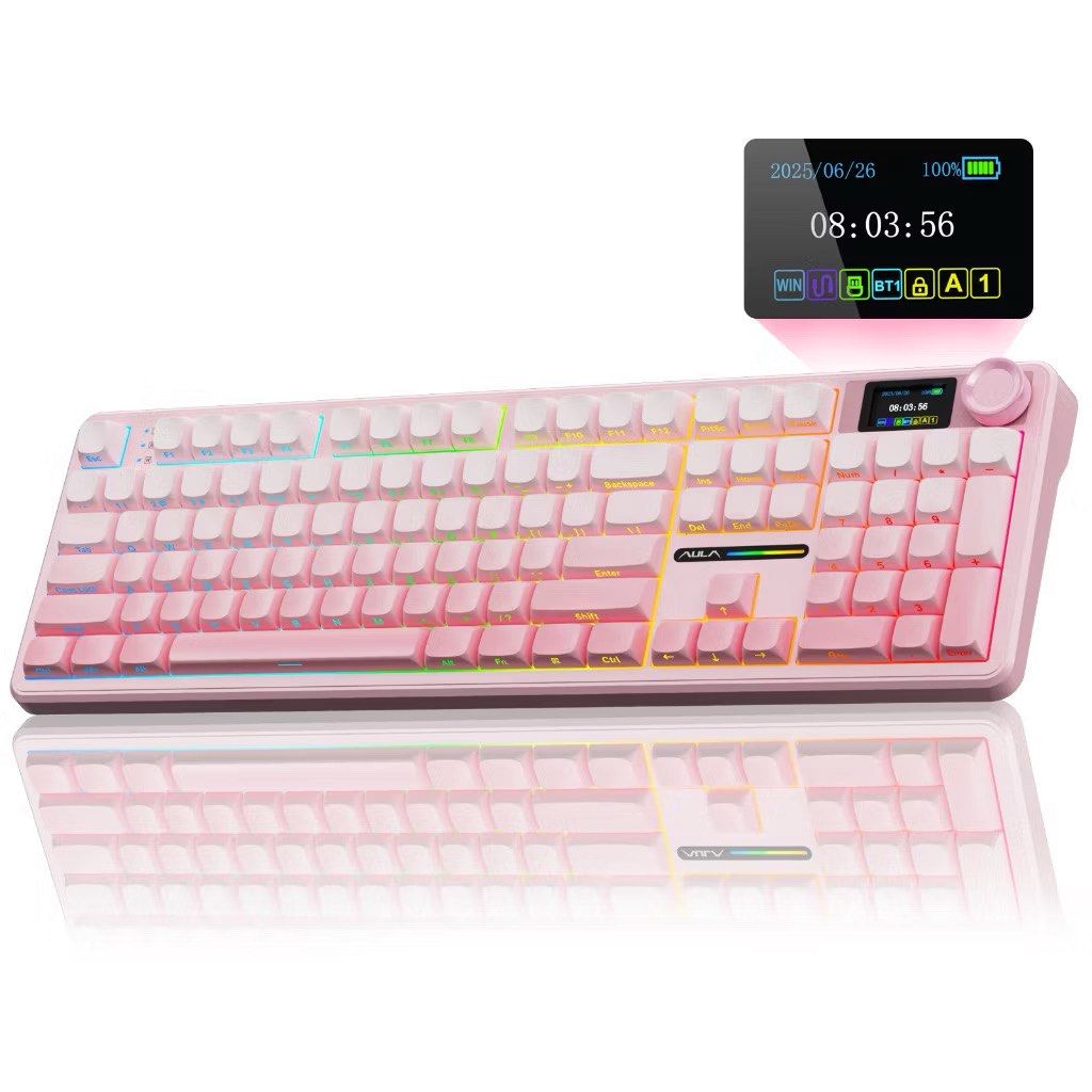 AULA F108 PRO Customized Mechanical Keyboard Pink (Category: Computer Keyboard) located in Manila. Submitted by slma_ (Listing ID 1460875092, Image 1). Description: Bought it last Aug for ₱3,526. Selling it for ₱3,000 (last price already po) Like new, LED screen display still has cover. With box. Message me for more pics.