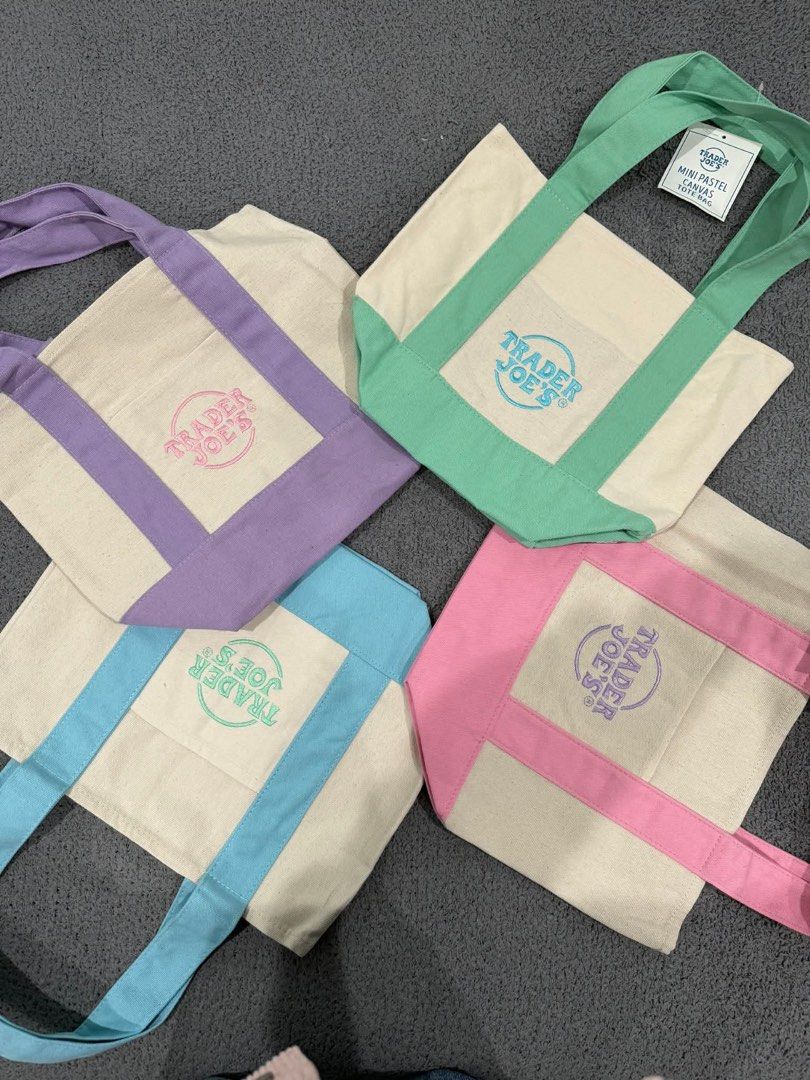 Authentic Trader Joe's Mini Pastel Canvas Tote Bag Set (Category: Tote Bags) located in Pasig City. Submitted by fiercemoon_f4c53e (Listing ID 1460887399, Image 1). Description: - mini Trader Joe's canvas tote bags - Adorable pastel colors: purple 5pcs, mint green 1pc , baby blue 2pcs, and pink 5pcs - Ideal for small grocery runs or carrying everyday essentials - Compact and stylish design - From Chicago USA 🇺🇸 - Selling per pc.