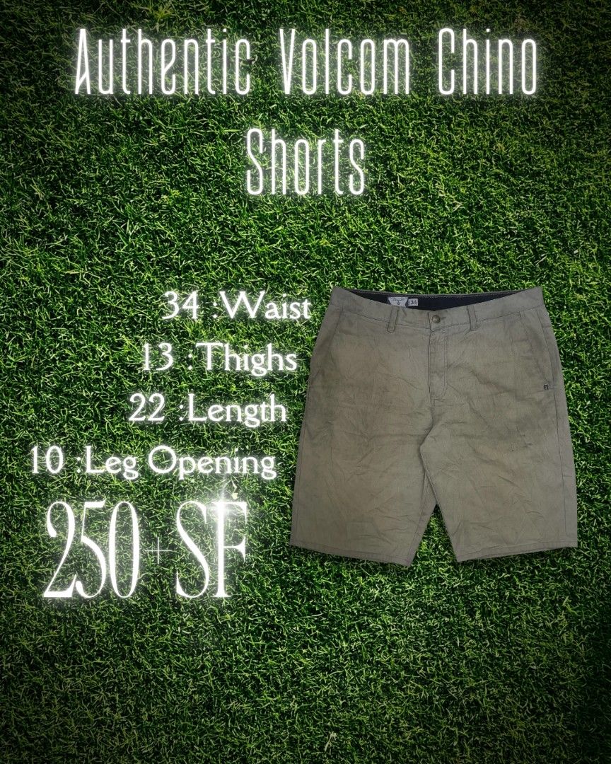 Authentic Volcom Workwear and Chino Skate Shorts (Category: Chinos) located in Mabalacat. Submitted by ikballl030526 (Listing ID 1459822344, Image 1). Description: Volcom Workwear/Skate Chino Shorts • Brand: Volcom • Tag Size: 34 (Measures 35" actual waist) • Color: Khaki / Tan • Features: Clean chino design, signature Volcom stone logo pin detail on front pocket, durable twill fabric [Measurements] • Waist: 34" on tag (35" actual tape measure) •