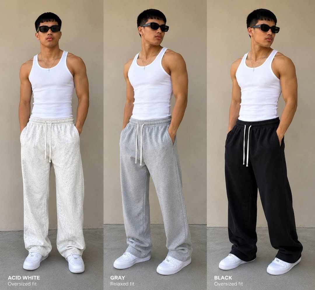 Baggy Pants (Category: Activewear) located in Caloocan City. Submitted by zendragon_01baeb (Listing ID 1460743034, Image 2). Description: BAGGY SWEATPANTS PLAIN Acid Gray Acid White Black 300 GSM PREMIUM QUALITY‼️ Retail-230 EACH WS-160 •26-45 waistline •39inches length •11 inches leg hole LOCATION: Cy Apparel Co. STRICTLY NO COD PAYMENT FIRST ALWAYS.