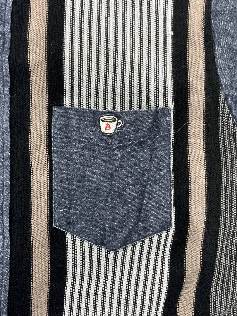 BEAMS HEART Striped Patchwork Button Down Shirt Size M (Category: Tshirts & Polo Shirts ) located in Taguig. Submitted by sitti.d (Listing ID 1460867958, Image 2). Description: Length-27 Width-19 Sleeves-24 Dm for more questions :).