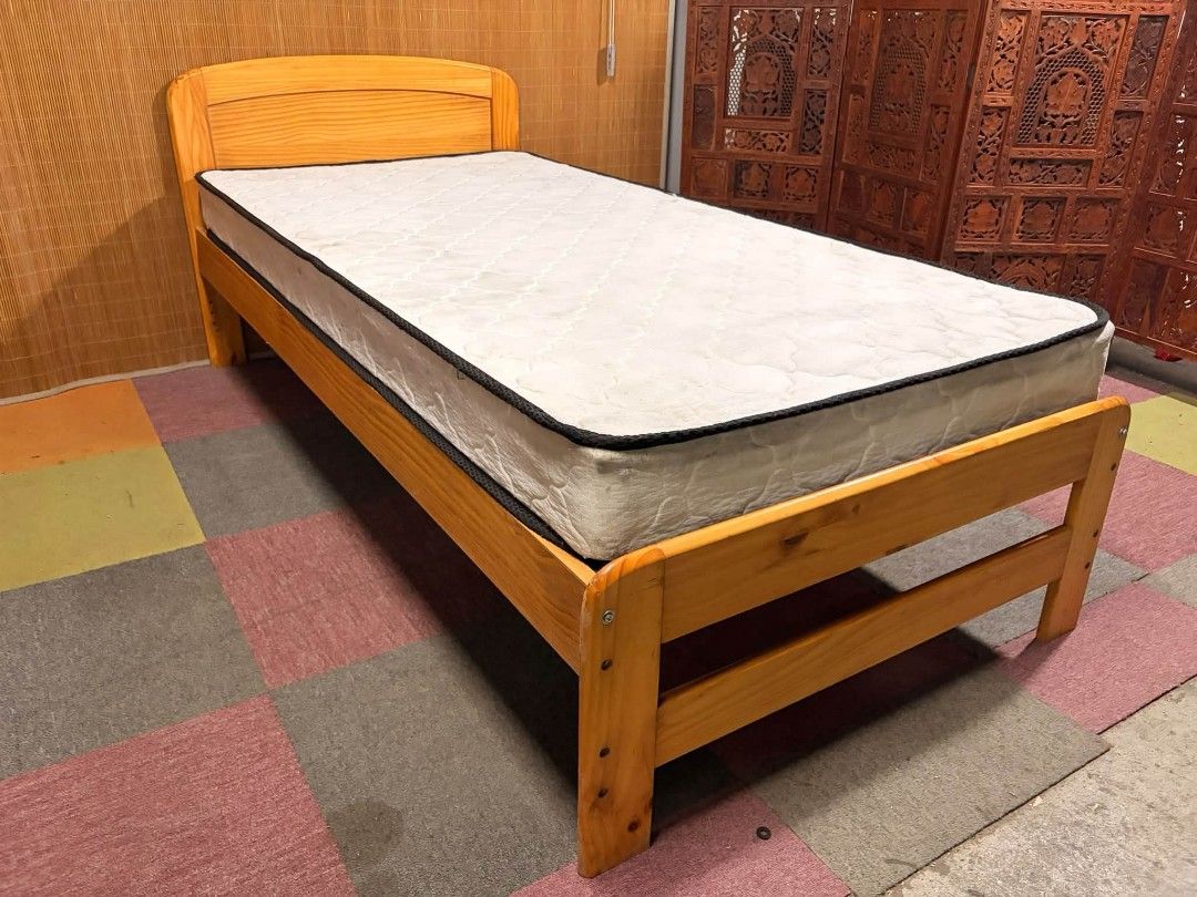 Bed Set Single (Category: Bed Frames & Mattresses) located in Meycauayan. Submitted by marygracecasimiro (Listing ID 1460743949, Image 3). Description: Country-Style SINGLE size Bedset SOLID WOOD FRAME!!! COLLAPSIBLE!!! FREE DEEP CLEANING!!! Sa Imported Mattress Price : 10k only ✅ Bedframe size 39 x 79 inches Mattress size 38 x 78 inches Mattress Thickness 6 inches Floor to Mattress 21 inches Headboard height 32 inches In VERY good condition 💜💜