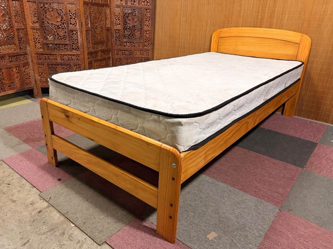 Bed Set Single (Category: Bed Frames & Mattresses) located in Meycauayan. Submitted by marygracecasimiro (Listing ID 1460743949, Image 1). Description: Country-Style SINGLE size Bedset SOLID WOOD FRAME!!! COLLAPSIBLE!!! FREE DEEP CLEANING!!! Sa Imported Mattress Price : 10k only ✅ Bedframe size 39 x 79 inches Mattress size 38 x 78 inches Mattress Thickness 6 inches Floor to Mattress 21 inches Headboard height 32 inches In VERY good condition 💜💜