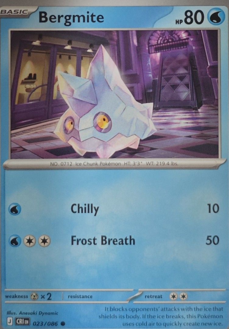 Bergmite Pokemon Card 80 HP (Category: Raw Singles) located in Las Pinas. Submitted by funtoys18 (Listing ID 1460735800, Image 1). Description: - Pokemon Card: Bergmite (023/086) - Type: Basic - HP: 80 - Attacks: - Chilly: 10 damage - Frost Breath: 50 damage - Weakness: x2 - Retreat Cost: 2 Energy.