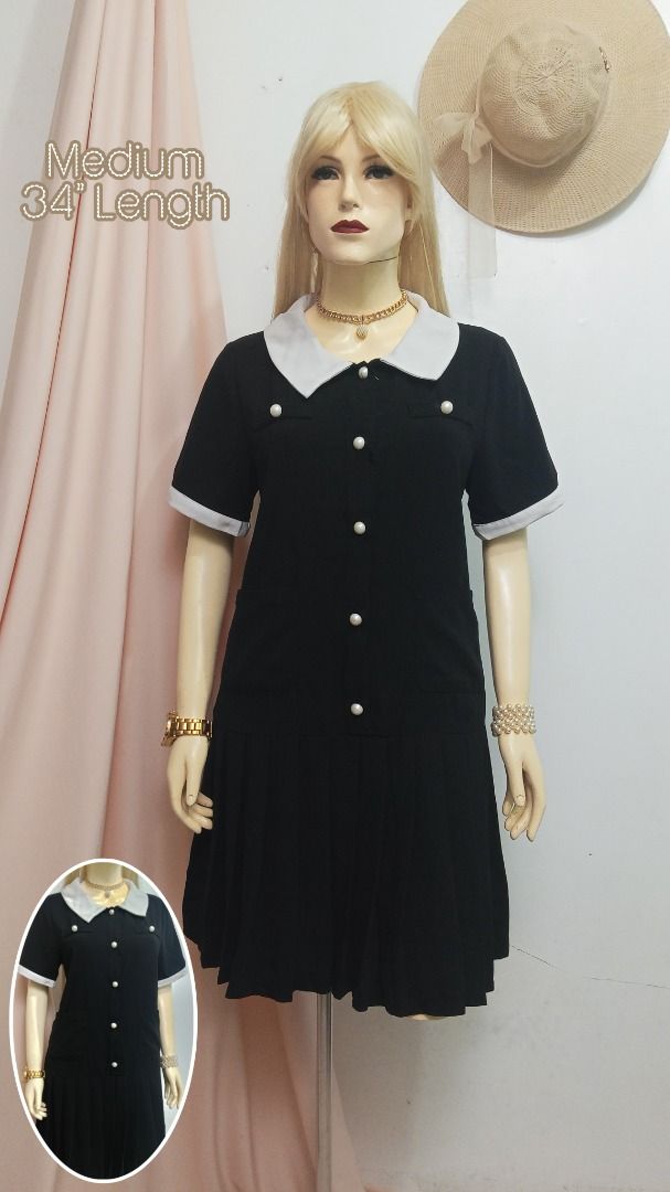 Black Collared Dress with Pleated Skirt - Medium (Category: Dresses) located in Baguio. Submitted by anastasia.f0x (Listing ID 1460838565, Image 1). Description: - Cute black dress - White Peter Pan collar - Pearl button details - Short sleeves with white trim - Pleated skirt - Skirt length: 34 inches - Size: Medium .