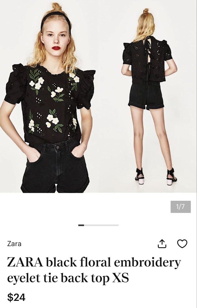 Black Eyelet Crop Top with Floral Embroidery (Category: Others Tops) located in Pakil. Submitted by roserarela (Listing ID 1453217021, Image 3). Description: - Cute black crop top - Eyelet detailing all over - Short sleeves with ruffled edges - Tie-back closure - White floral embroidery with green leaves - Versatile for casual or dressed-up looks - Pairs well with skirts or shorts.