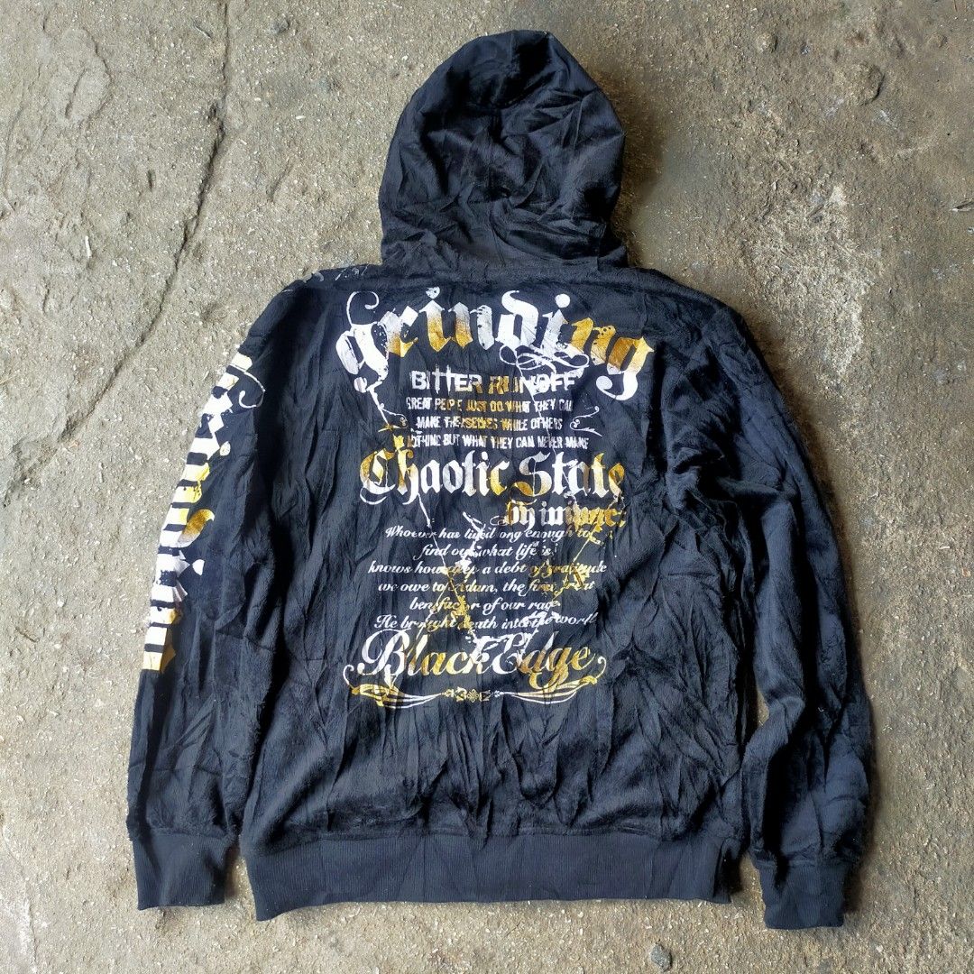 Black Graphic Print Zip-Up Hoodie (Category: Hoodies) located in Zamboanga. Submitted by _oliverbmth (Listing ID 1460890134, Image 2). Description: - Black zip-up hoodie - Size: Medium (M) - Bold graphic print (text & abstract designs) in yellow and white on front and back - Drawstring hood - Front pockets - Soft, comfortable material - Dimes 21x26 .