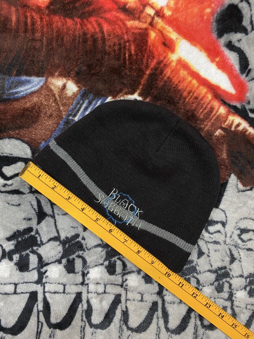 Black Sabbath, Beanie hat (Category: Beanies) located in Cavite. Submitted by jc_thrift95 (Listing ID 1460780549, Image 2). Description: - a black knit beanie with a grey horizontal stripe and embroidered “Black Sabbath” lettering. - Made in USA - Color rate 7/10 discoloration - See details picture for dimes..