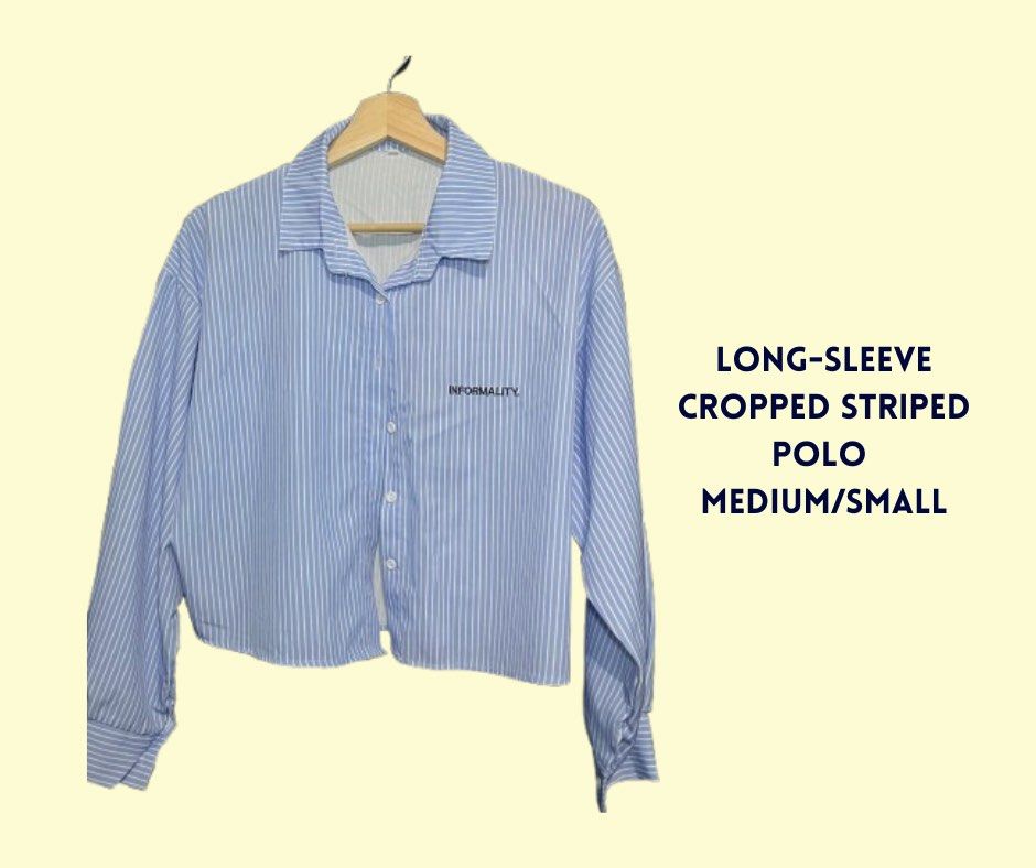 Blue long-sleeve cropped striped polo (Category: Longsleeves) located in Manila. Submitted by bybangii (Listing ID 1460739854, Image 1). Description: Blue striped na cropped polo long sleeve - once lang nagamit, no defects, maganda tela, presko suotin..