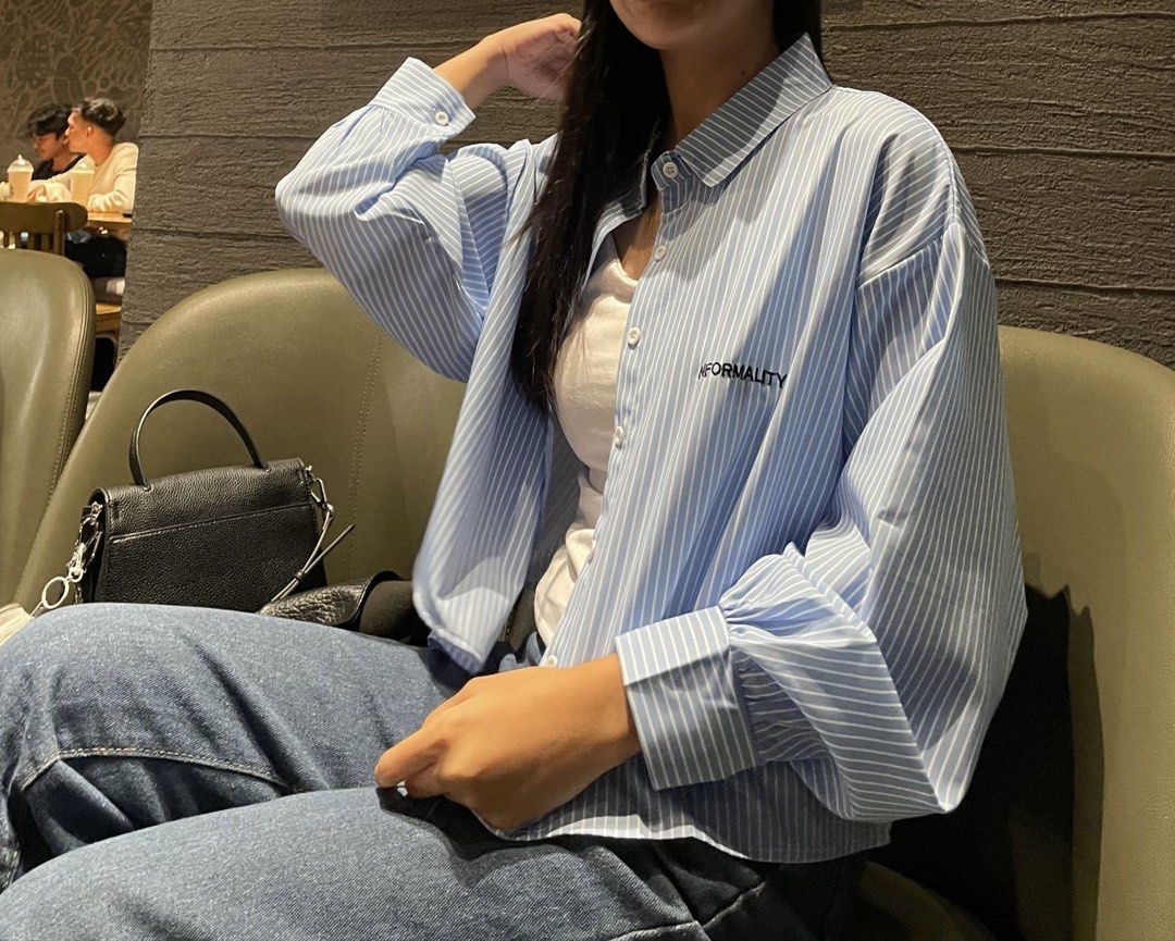 Blue long-sleeve cropped striped polo (Category: Longsleeves) located in Manila. Submitted by bybangii (Listing ID 1460739854, Image 2). Description: Blue striped na cropped polo long sleeve - once lang nagamit, no defects, maganda tela, presko suotin..