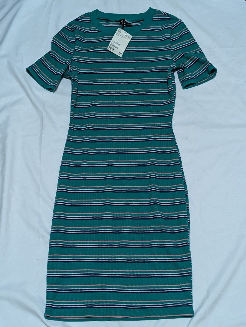 BNWT H&M Green Striped Ribbed Bodycon Dress, Women's Fashion, Dresses & Sets, Dresses on Carousell