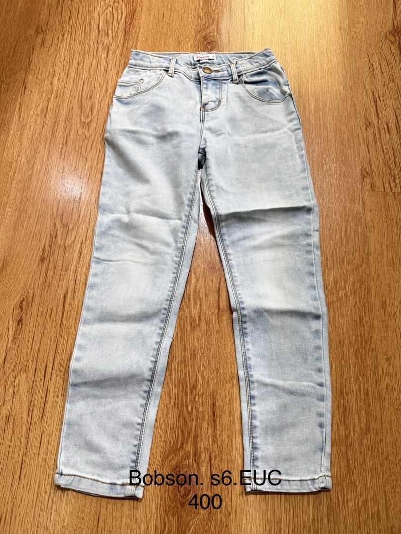 Bobson Light Wash Denim Jeans Size S6 (Category: Babies & Kids Fashion) located in Manila. Submitted by little_dees_shop (Listing ID 1460873449, Image 1). Description: - Brand: Bobson - Wash: Light Wash Denim - Fit: Straight Leg - Closure: Button and Zip - Pockets: Two front, two back - Ideal for: Everyday wear - Condition: Selling as is.