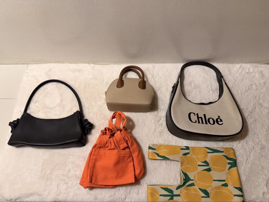 branded bag set (Category: Shoulder Bags) located in Floridablanca. Submitted by retroretrieve (Listing ID 1460735581, Image 2). Description: black bag - h&m orange - kultura (brandnew) brown bag - bostanten yellow crocheted bag chloe bag .