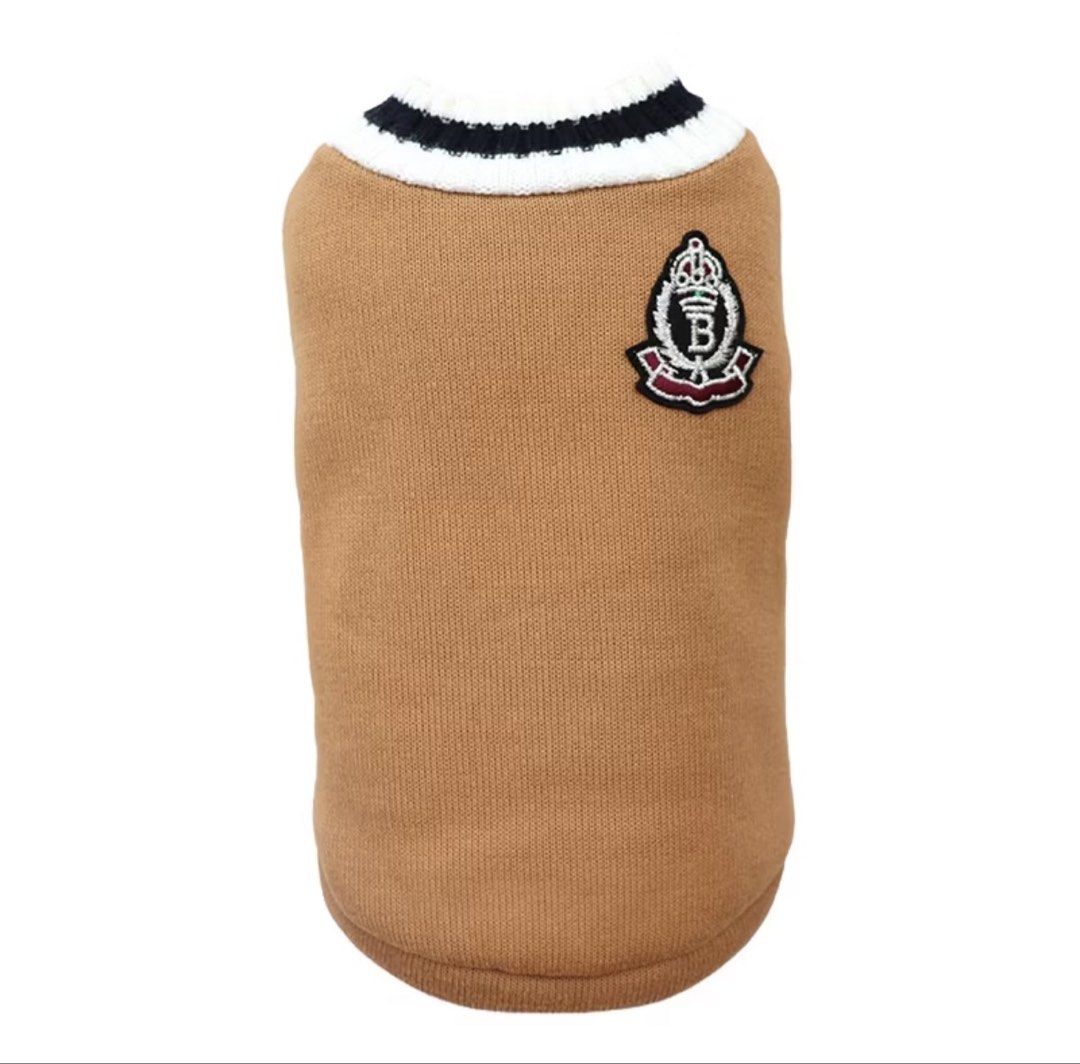 Brown Dog Sweater with Crest Patch and Striped Collar (Category: Homes & Other Pet Accessories) located in Makati City. Submitted by gabriellea26991 (Listing ID 1460872445, Image 1). Description: - xs size - with free same design different color lang na used once.