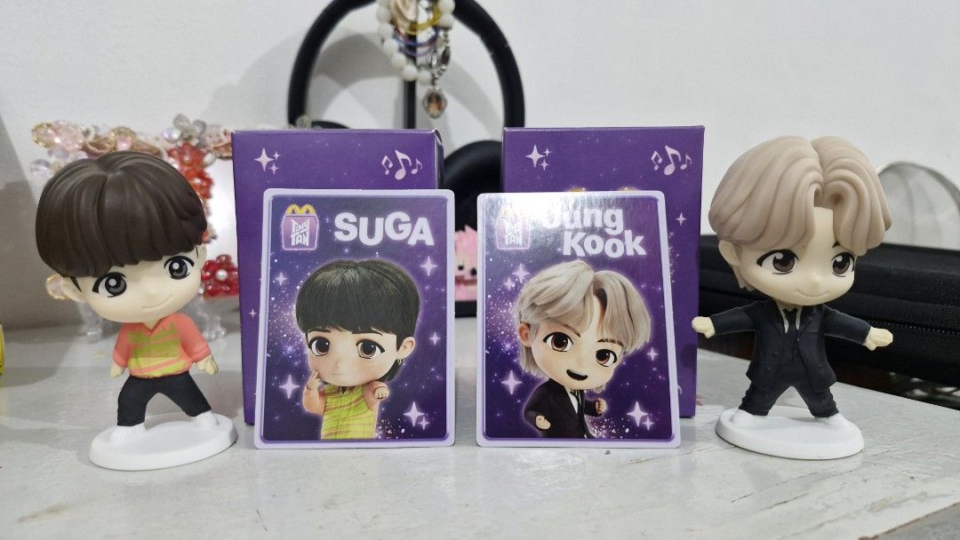 BTS McDonald's BTS Meal Figurines - Suga & Jungkook (Category: Designer & Blind Box Toys) located in Malinao. Submitted by meiimes (Listing ID 1460856480, Image 1). Description: - yoonkook mcdo happy meal! - with complete inclusions (box and photocard) - payment method (gcash).