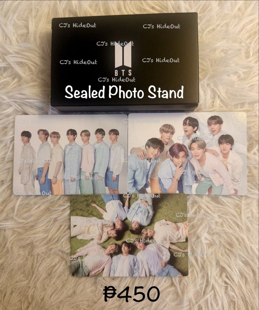 BTS Photo Stand (sealed) (Category: K-Wave Merchandise) located in Tanauan. Submitted by purple_h3aven (Listing ID 1460892205, Image 1). Description: ☆ sealed in box ☆ 3 mini photocards (sample photo) ☆ direct from korea.