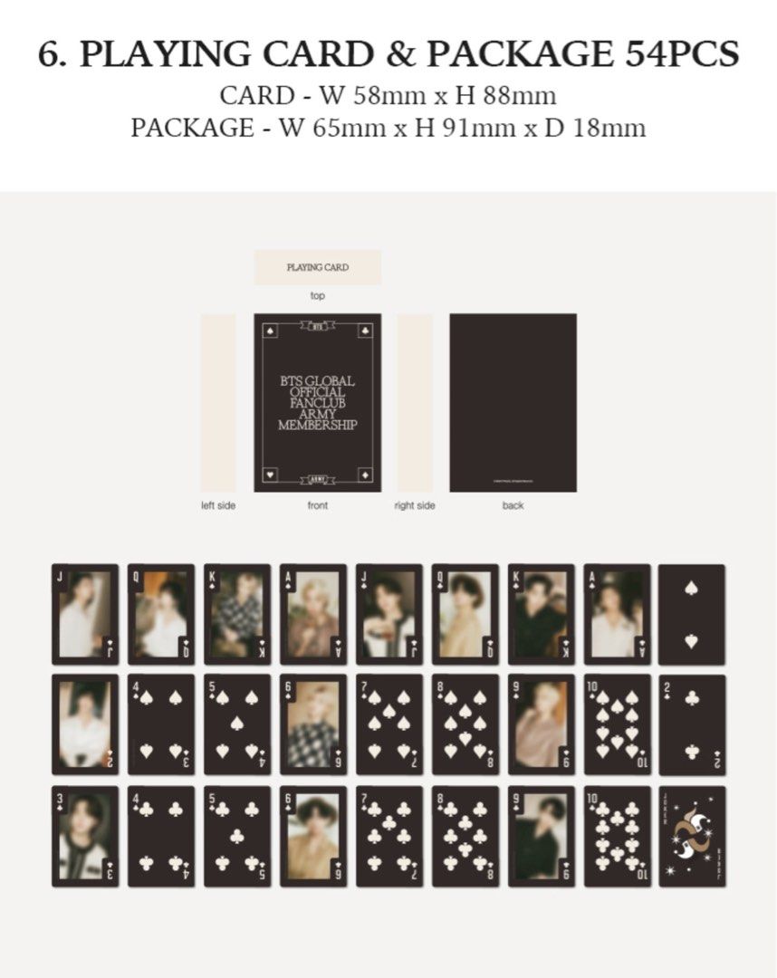 BTS Playing Cards ARMY Membership Suite Life (Category: K-Wave Merchandise) located in Muntinlupa City. Submitted by glossrunch (Listing ID 1460760101, Image 1). Description: P500 + lsf *54pcs playing cards *used few times and stored with care *unsealed, actual photos posted rfs: decluterring GCash/BPI J&T Only 🏷️ bts rm jin suga jhope jimin V jungkook arirang.