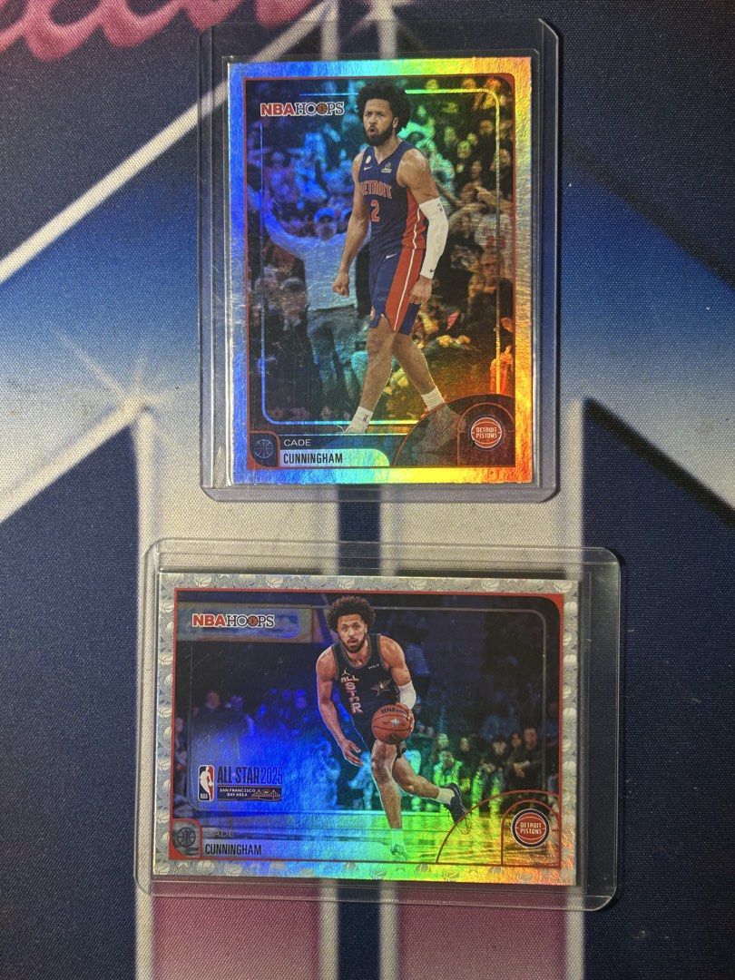 Cade Cunningham 2025 NBA Hoops All-Star Card (Category: Raw Singles) located in Iloilo. Submitted by jackpot.treasures (Listing ID 1460721356, Image 1). Description: - Two Cade Cunningham NBA Hoops cards included. - One is the base card. - One is the All-Star 2025 version. - Both cards are in protective sleeves. - Ideal for Detroit Pistons fans and basketball card collectors..