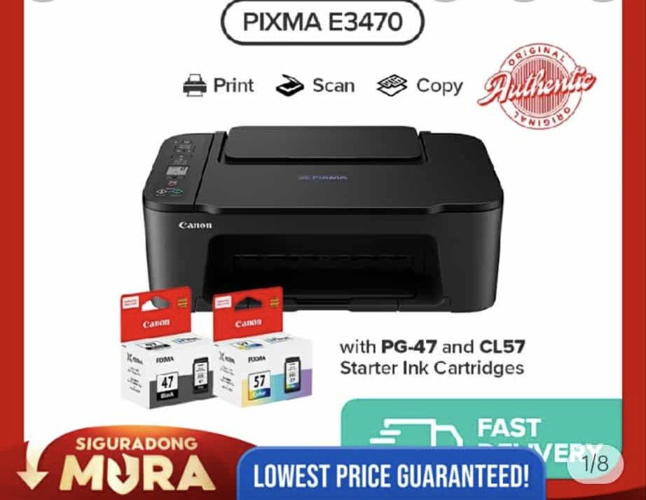 Canon PIXMA E3470 All-in-One Printer - Print, Scan, Copy (Category: Printers, Scanners & Copiers) located in Manila. Submitted by ninarayned57350 (Listing ID 1460799766, Image 1). Description: - Canon PIXMA E3470 Printer - Functions: Print, Scan, Copy - Cartridge Ink: PG-47 (Black) and CL57 (Color) - Fast delivery available - Lowest price guaranteed - With box - Rfs: Not using anymore.