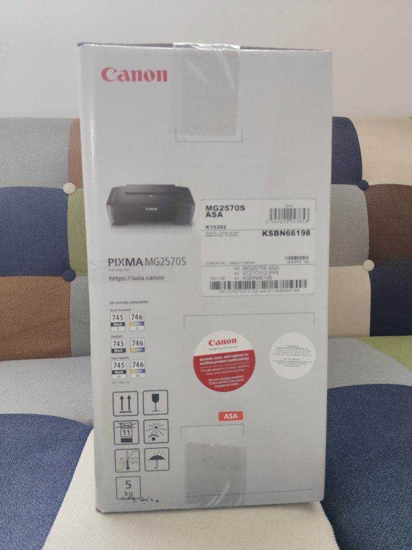 Canon PIXMA MG2570S Print-Copy-Scan Printer (Category: Printers, Scanners & Copiers) located in Rizal. Submitted by anyadrea (Listing ID 1460745588, Image 3). Description: - Brand New & Sealed Canon PIXMA MG2570S - All-in-One Functionality: Print, Copy, Scan - Hybrid Ink System for quality prints - Auto Power On feature - Includes PG-745 (Black) and CL-746 (Color) ink cartridges - Made in Vietnam.